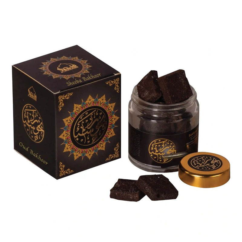 Sheeba Bakhoor jar with decorative box on a white background