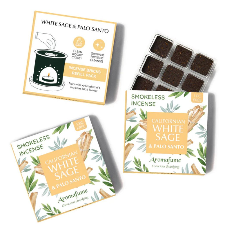 Aromafume California White Sage & Palo Santo incense packaging and refills on a white background