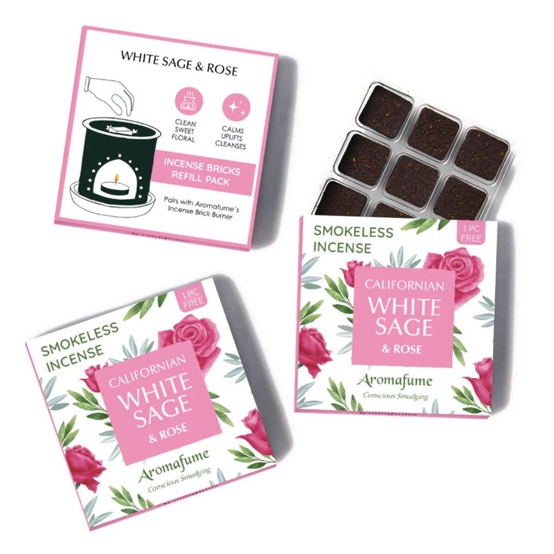 Aromafume Californian White Sage & Rose smokeless incense packaging with incense bricks on a white background.
