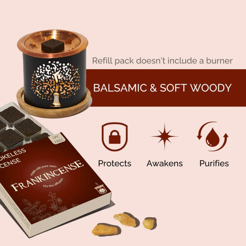 Incense burner, frankincense packaging, and incense sticks on a beige background