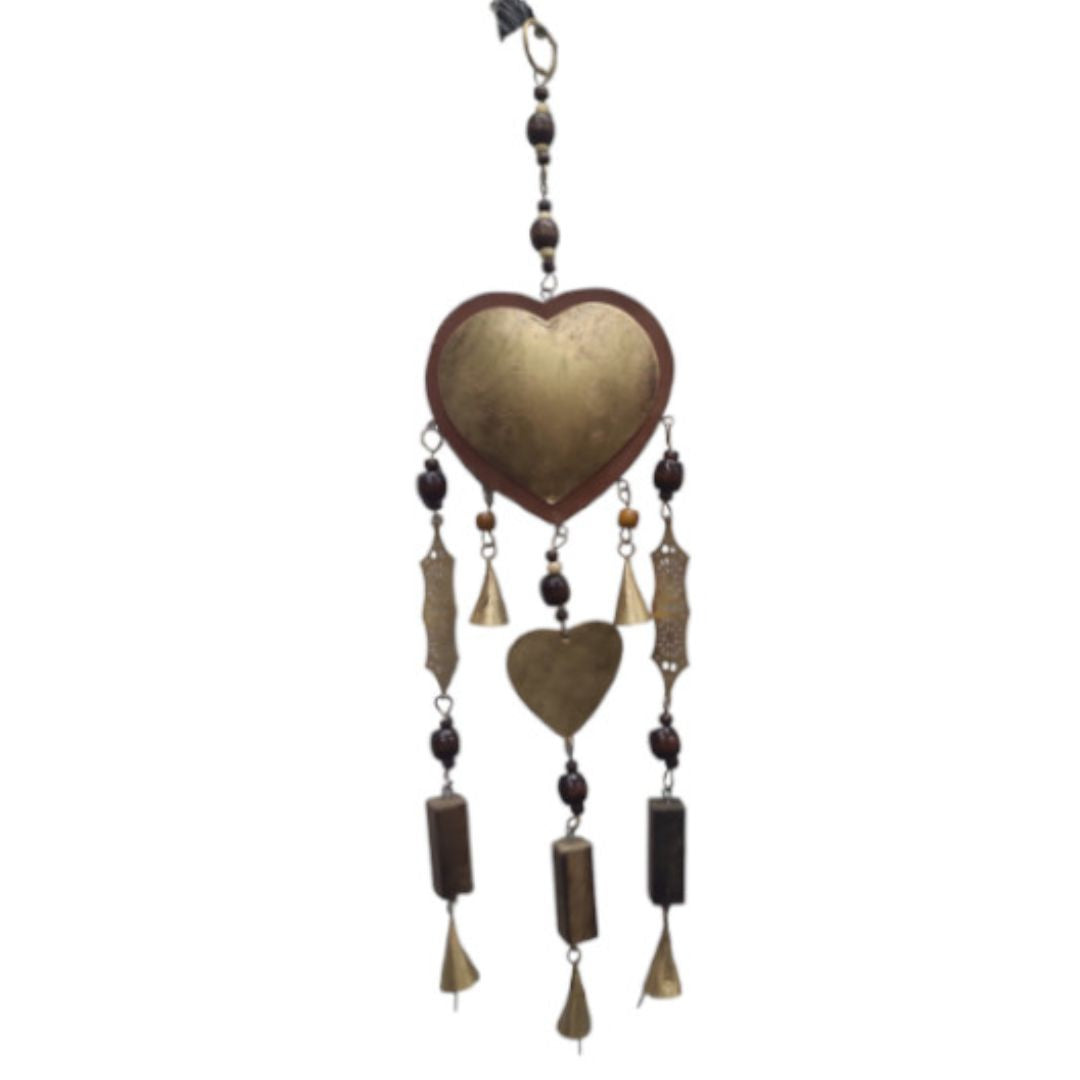 Hanging Metal and Wooden Heart with Bells & Beads