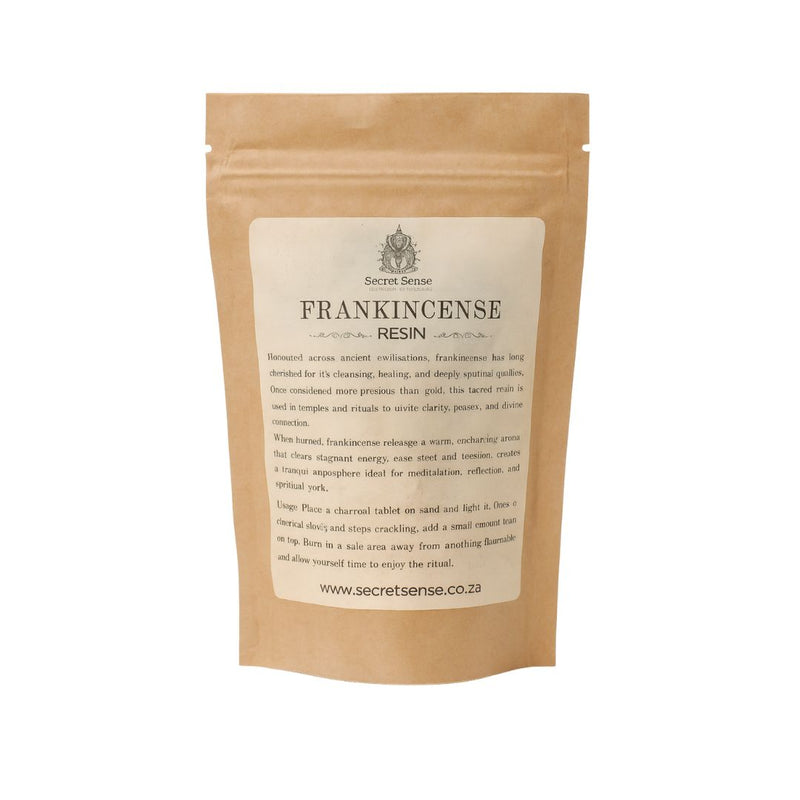 Kraft paper packaging of Secret Sense Frankincense Resin with a label on a white background