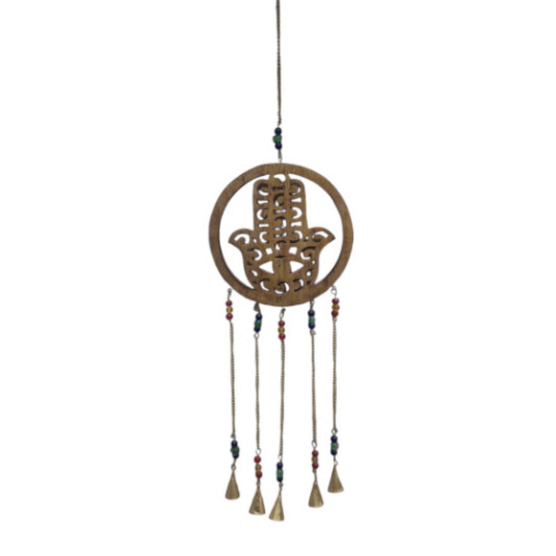 Hanging Wooden Hamsa Hand with Bells & Beads