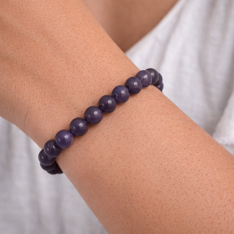 Amethyst Crystal Bracelet 8mm Worn on Wrist – Purple Crown Chakra Jewellery