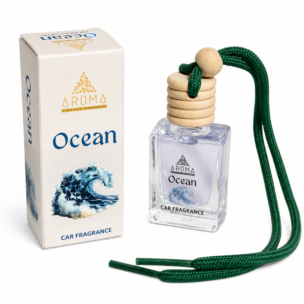 Aroma Ocean car fragrance with packaging on a white background