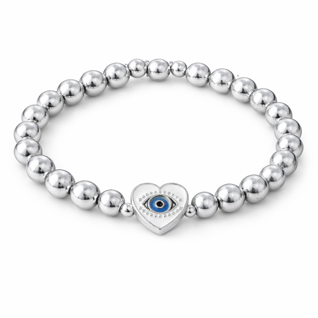 Silver Hematite Evil Eye Bracelet – Heart Charm