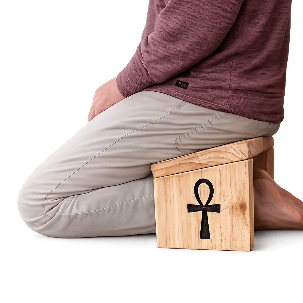 Person sitting on a Seiza oldable Meditation Chair handmade by Secret Sense South Africa.
