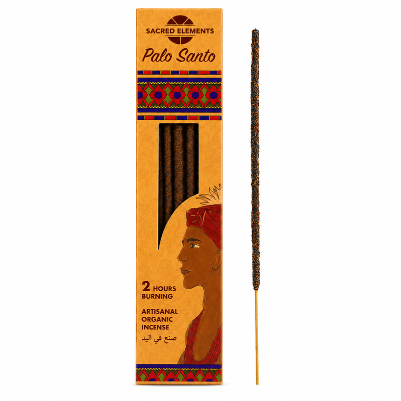 Palo Santo incense stick with packaging featuring a woman's face and colorful design.