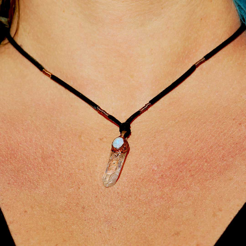 Rainbow Moonstone and Brandberg Smoky Quartz Crystal Pendant