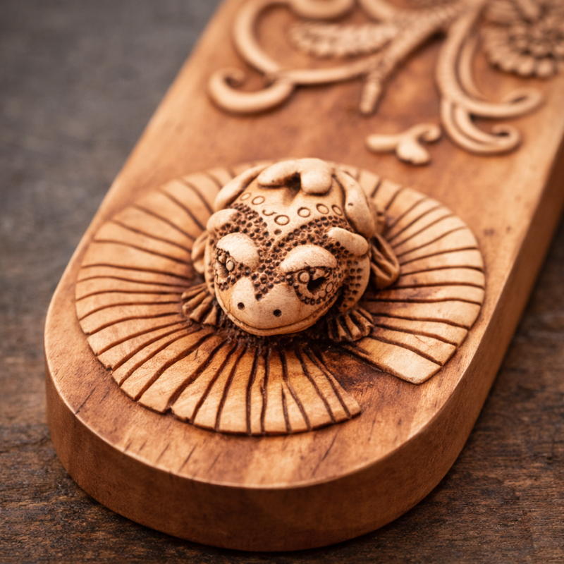 Close up frog detail on Guardian Frog incense holder – hand painted resin spiritual incense burner design