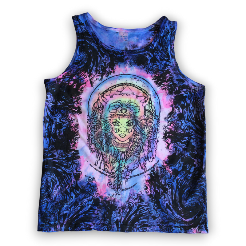 Hand-painted mystical wolf tie dye tank