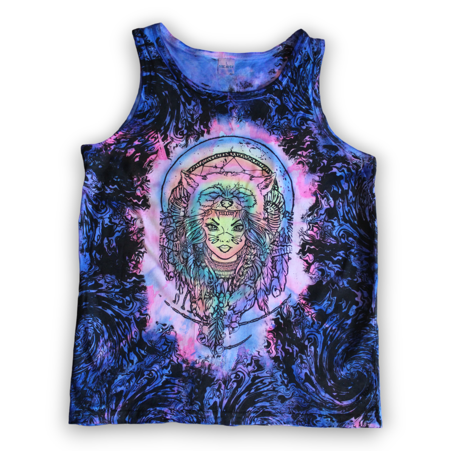 Hand-painted mystical wolf tie dye tank 
