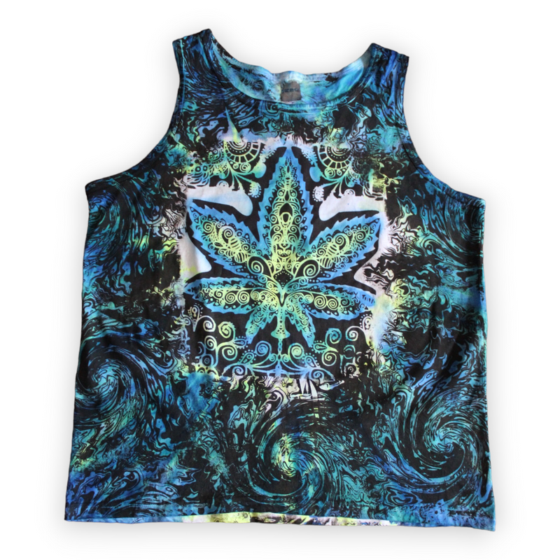 Hand-painted cannabis leaf oceanic tie dye tank