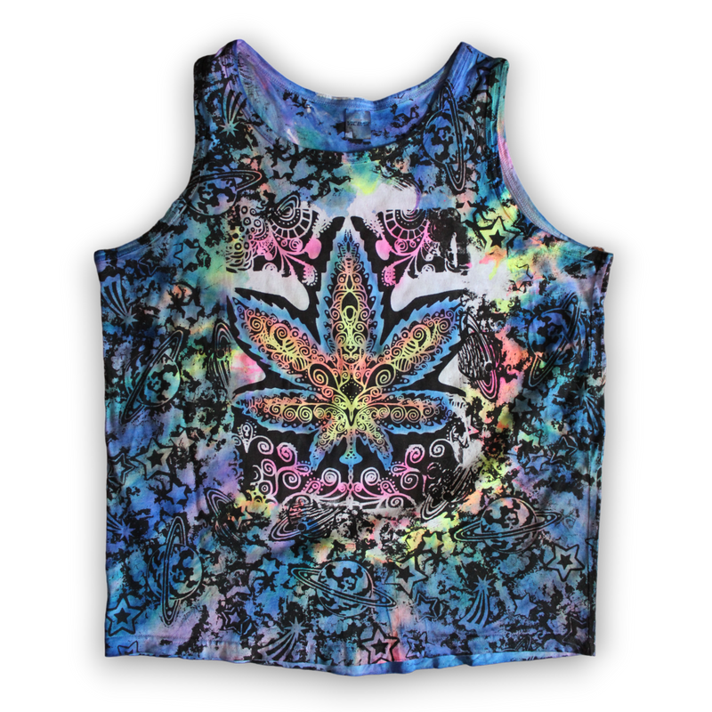 Hand-painted cosmic cannabis leaf tie dye tank
