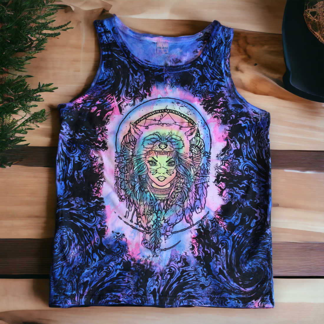 Hand-painted mystical wolf tie dye tank 