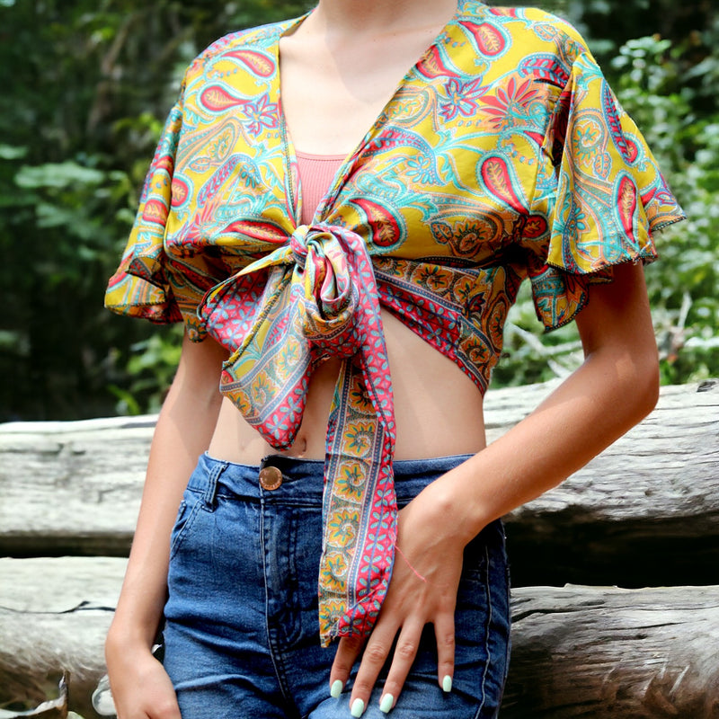 Sun-Kissed Silk Wrap Shirt - Short Sleeve Sun-Kissed Silk Wrap Shirt: Secret Sense's Radiant Charm Fits sizes S to M with ease