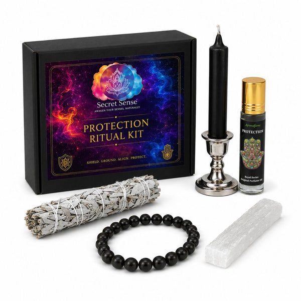 Secret Sense Protection Ritual Kit with black candle, bracelet, smudge stick, and essential oil bottle on a white background.