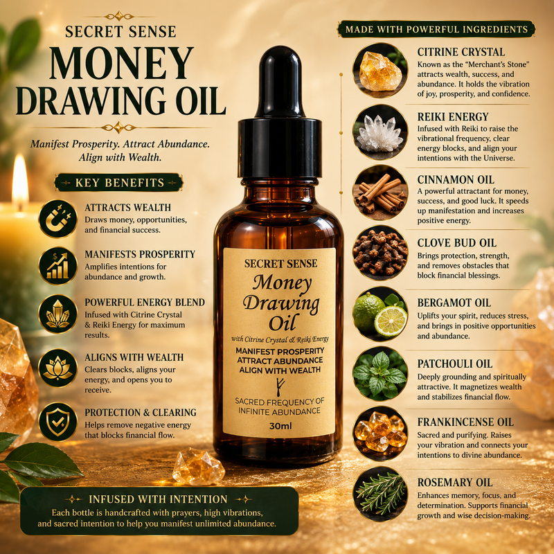 Secret Sense Money Drawing Oil with Citrine Crystal – 30ml