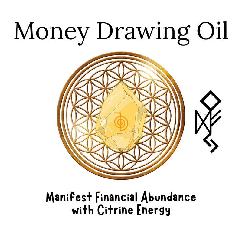 Secret Sense Money Drawing Oil label design with Citrine crystal, Nordic runes, and Reiki energy symbols for attracting financial abundance