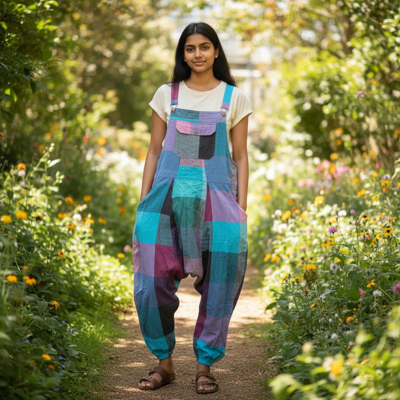 Woman wearing a colorful checkered dungaree standing in a garden with flowers and trees. Hippie Clothing, Boho Clothing