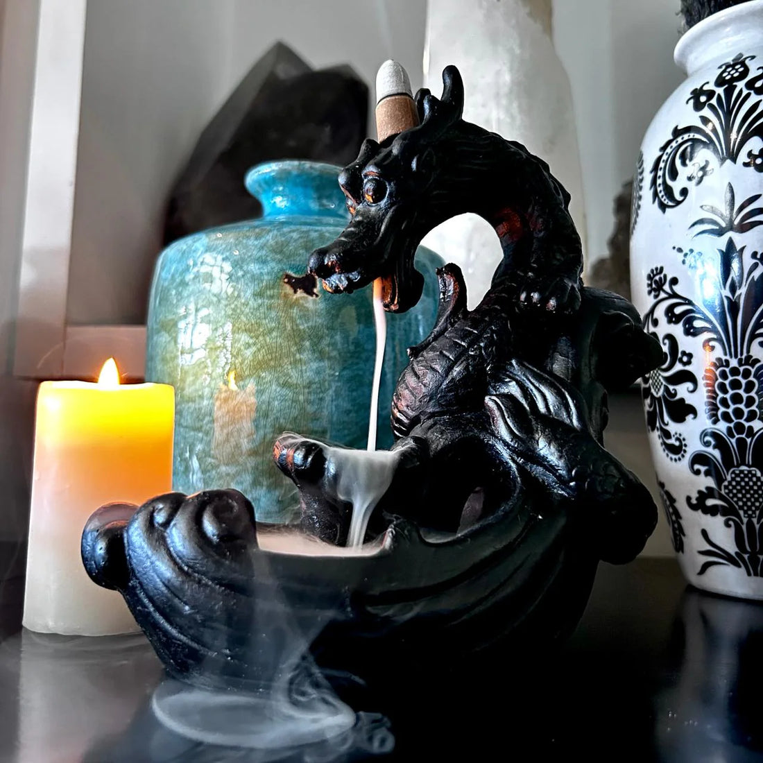 Dragon Backflow Incense Burner - mystical dragon surrounded by cascading smoke