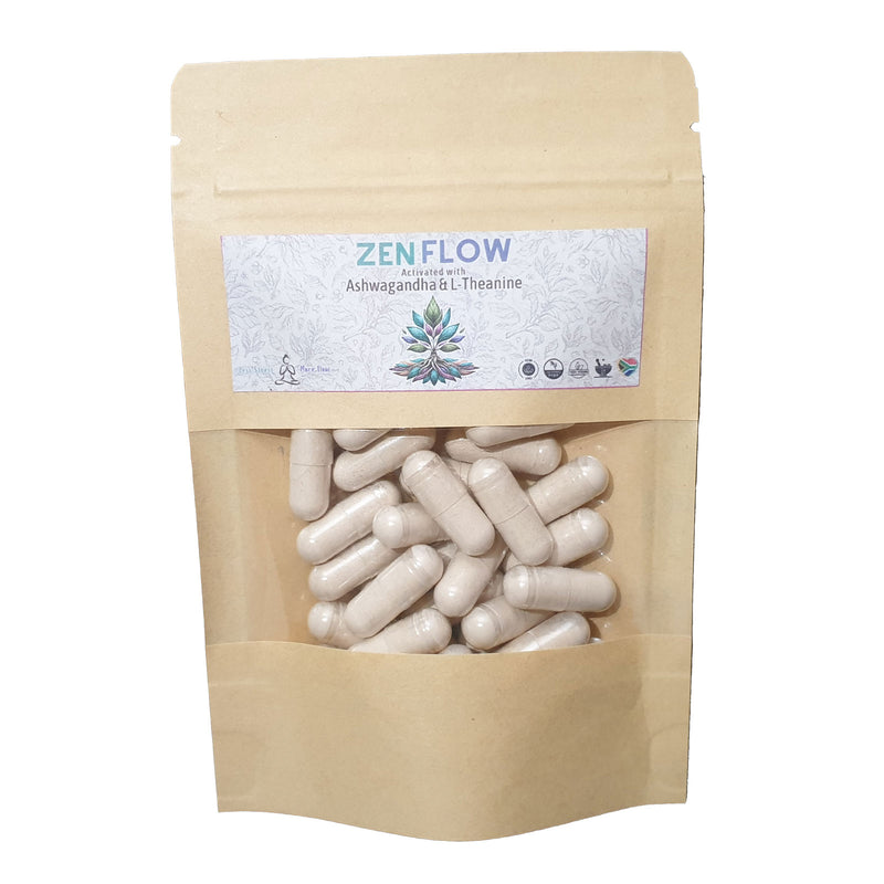 Front view of ZenFlow bottle showcasing Ashwagandha and L-Theanine capsules for stress relief and mental clarity.
