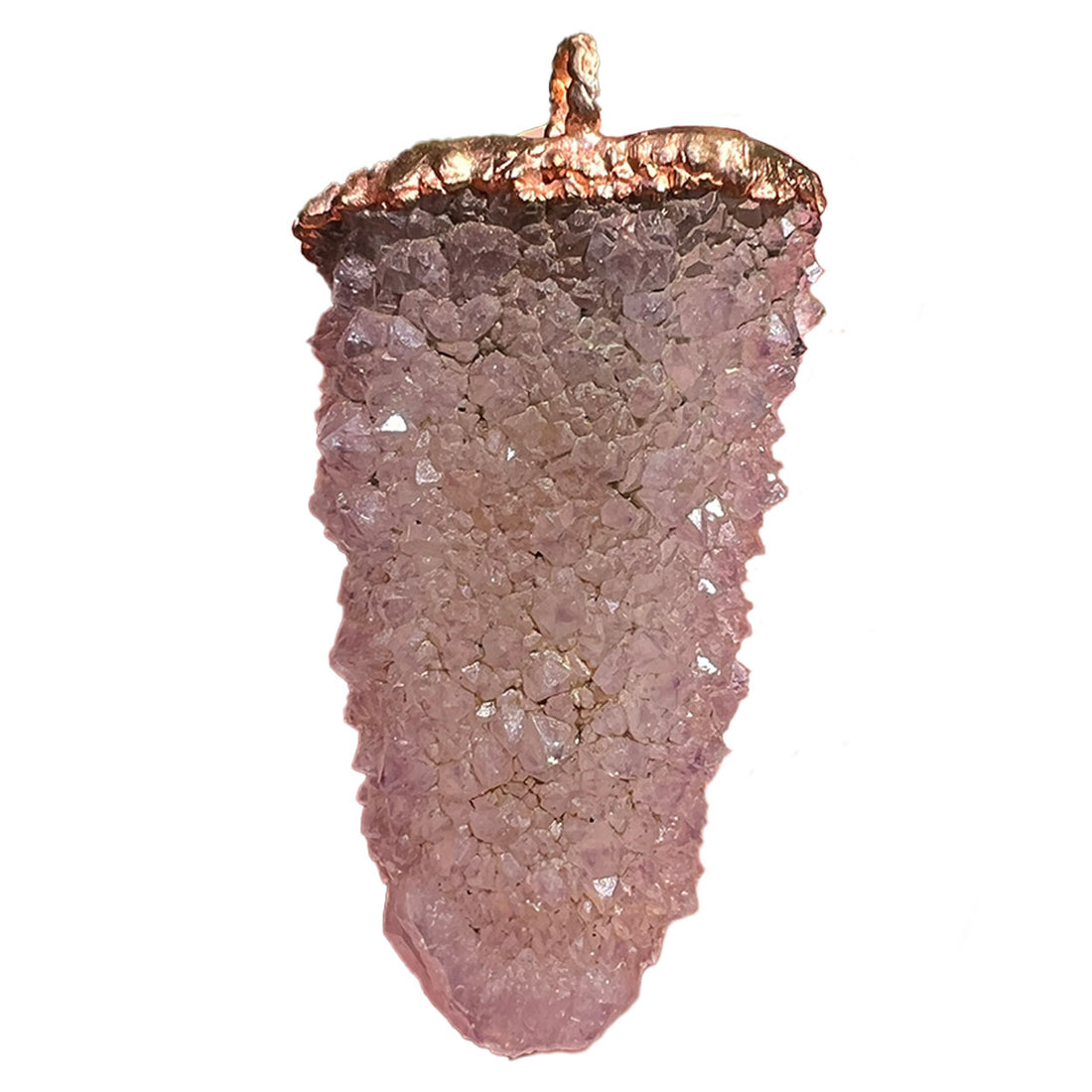 High-resolution image of a spirit quartz pendant with copper detailing isolated on white background
