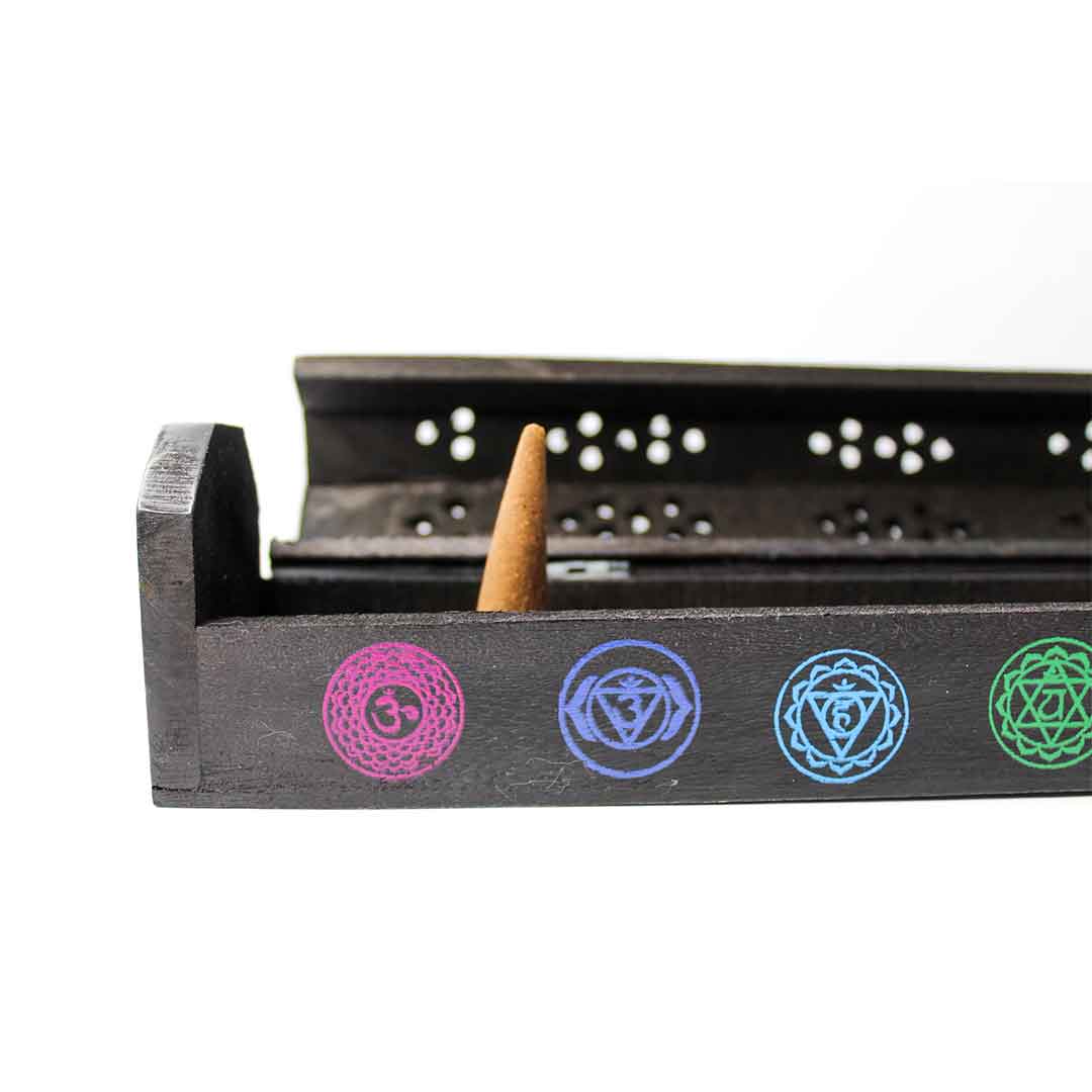 Black wooden Chakra Incense Holder ash box