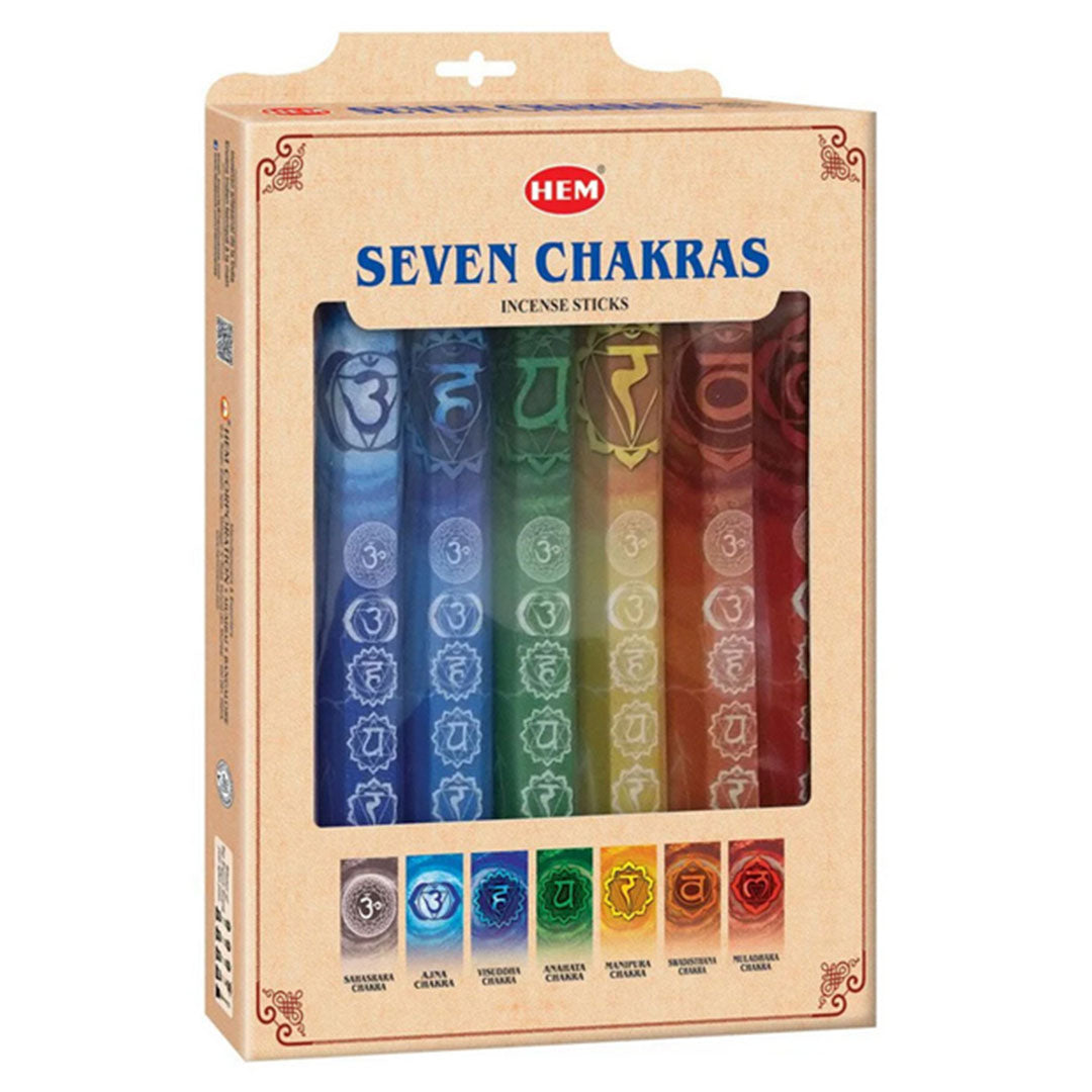 HEM 7 Chakra Incense Sticks Gift Pack arranged in a spectrum, symbolizing balance and spiritual alignment.