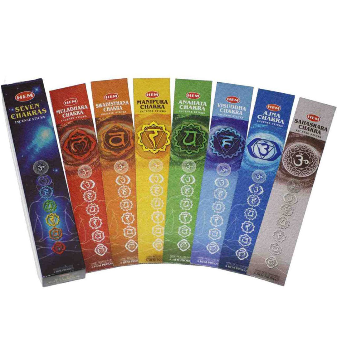 Assorted collection of HEM 7 Chakras Incense Sticks showcasing different colors to represent each chakra for spiritual alignment.