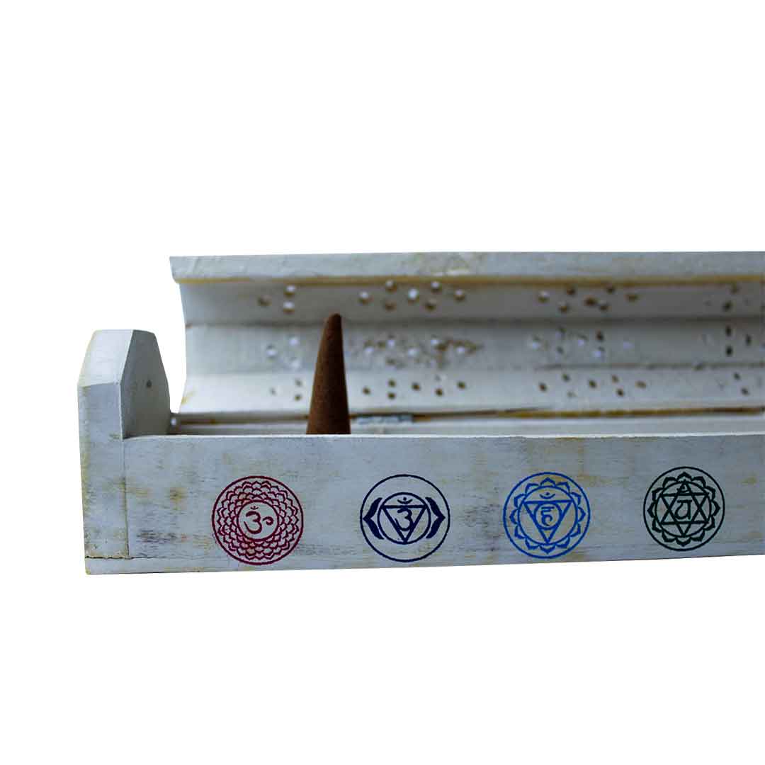 White wooden Chakra Incense Holder ash box