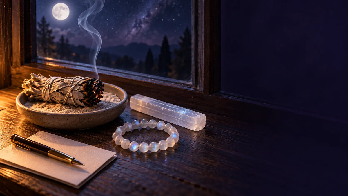 White sage smouldering in a dish beside a selenite wand, blue moonstone bracelet and a handwritten intention, lit by moonlight