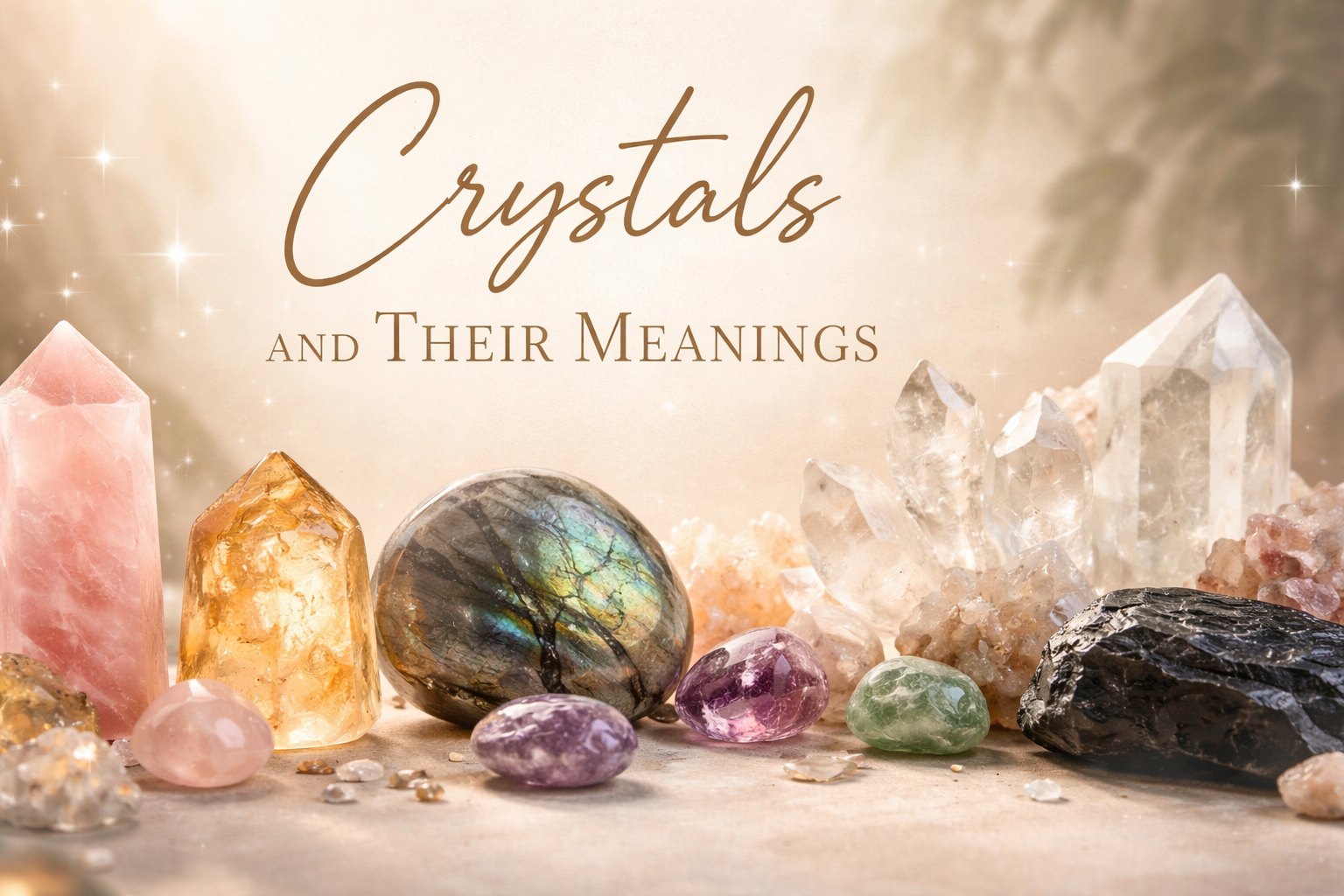 Crystals and their meanings guide — Rose Quartz, Amethyst, Black Tourmaline and Clear Quartz on a dark surface, Secret Sense South Africa