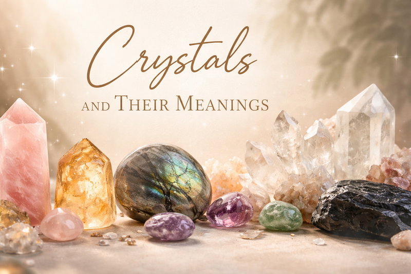 Crystals and their meanings guide — Rose Quartz, Amethyst, Black Tourmaline and Clear Quartz on a dark surface, Secret Sense South Africa