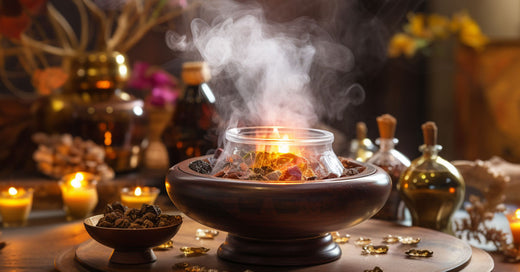 HEM Frankincense Resin Incense on a traditional burner in a serene space, with smoke symbolizing the energy cleansing process and the product package visible in the backdrop.