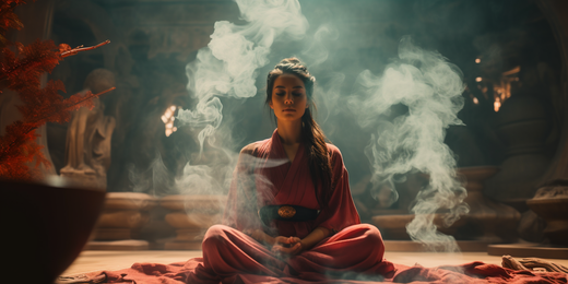 Woman meditating peacefully with a burning stick of Dragon's Blood Incense nearby