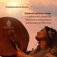 Person playing a large wooden drum with text about frankincense resin and its uses.