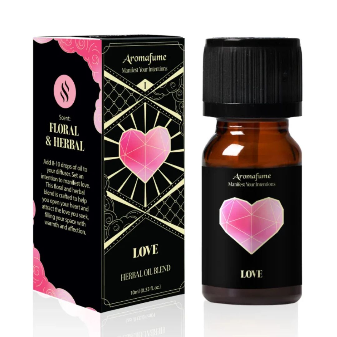 Aromafume Love Manifestation Oil bottle with red and pink design