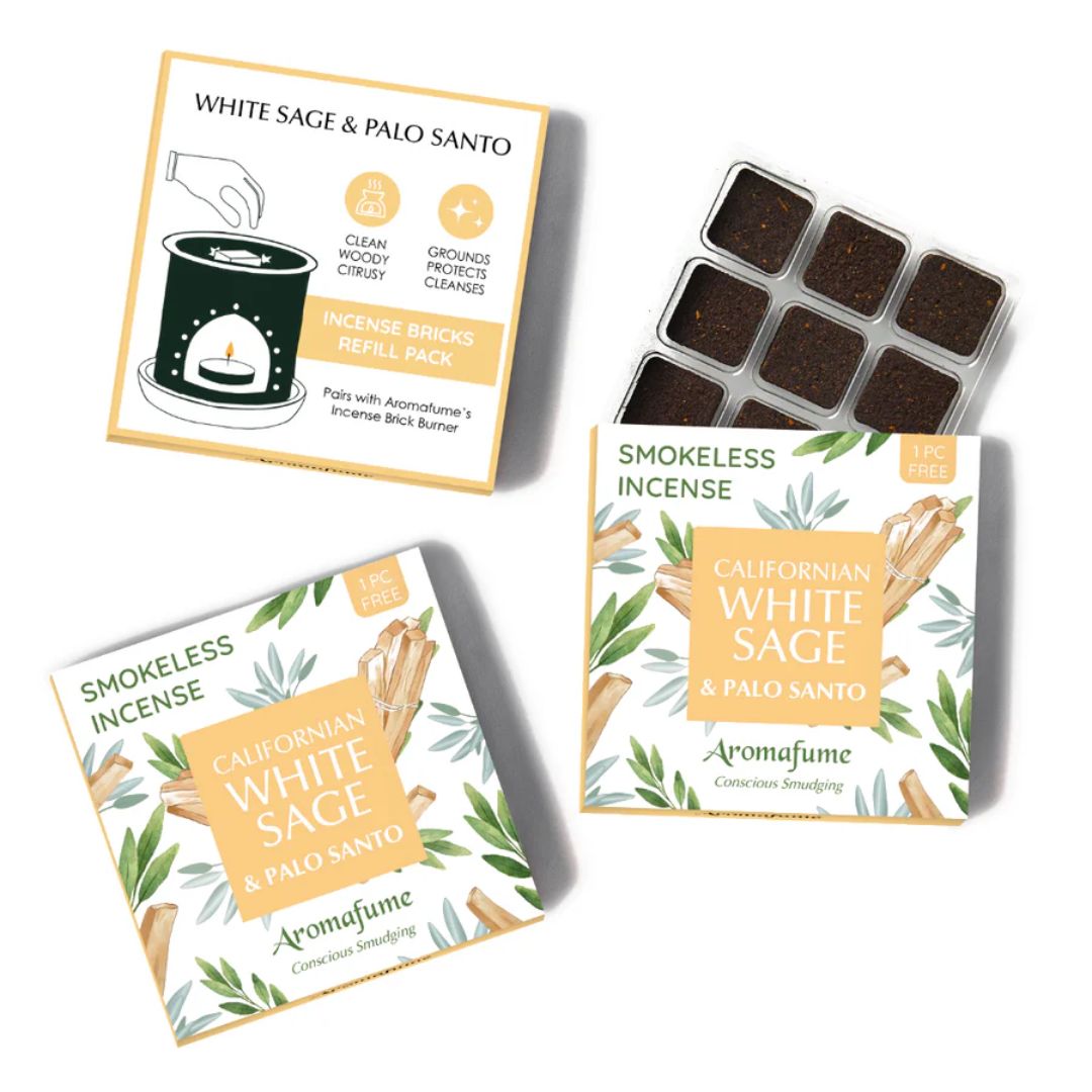 Aromafume California White Sage & Palo Santo incense packaging and refills on a white background