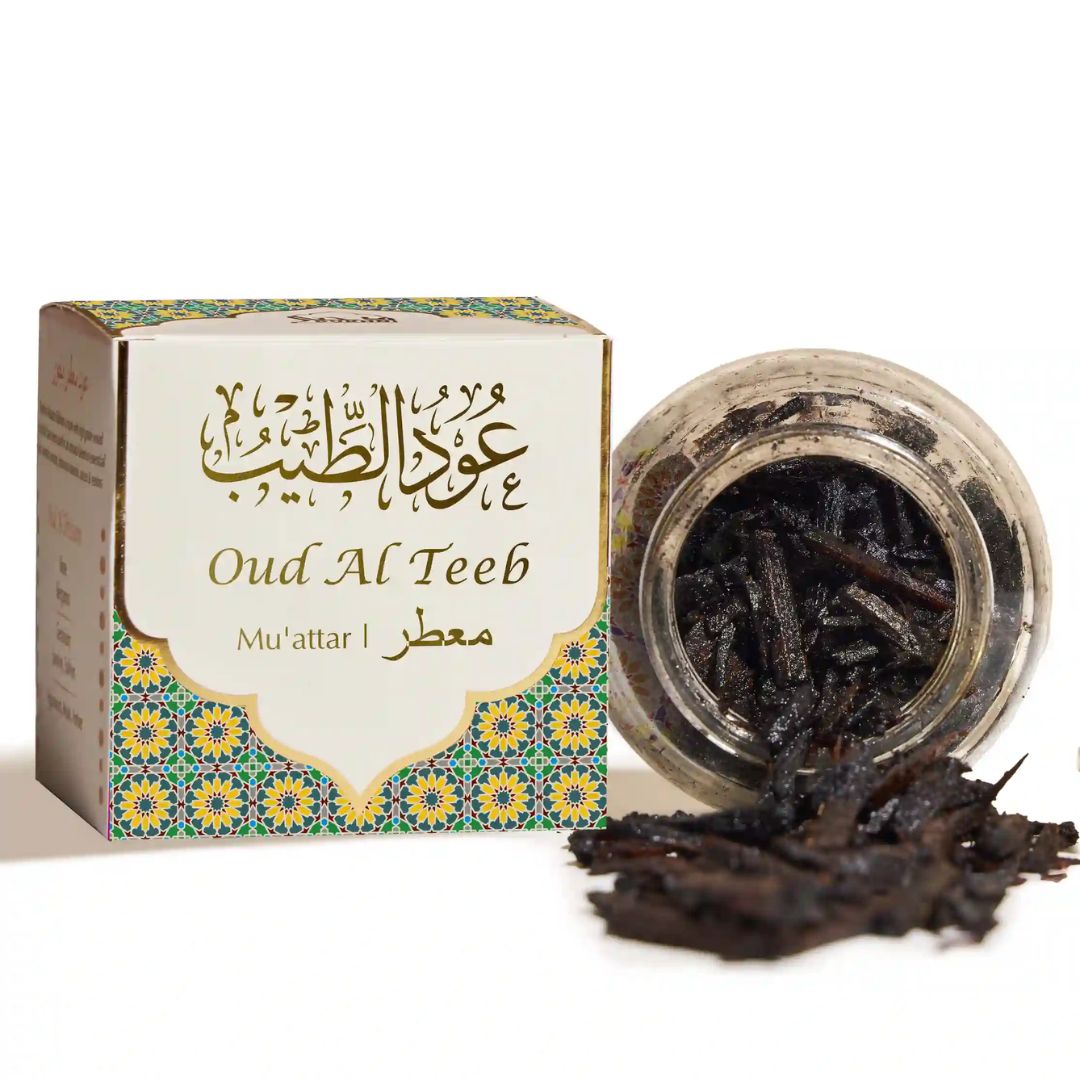 Oud Al Teeb incense with packaging on a white background