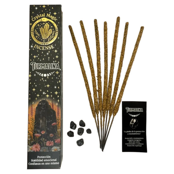Crystal Magic Black Tourmaline Turmalina incense box standing beside loose incense sticks