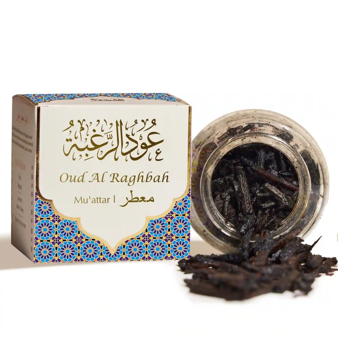 Oud Al Raghbah incense with packaging on a white background