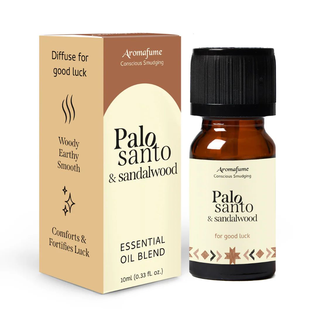 Amber glass bottle of Palo Santo and Sandalwood essential oil blend