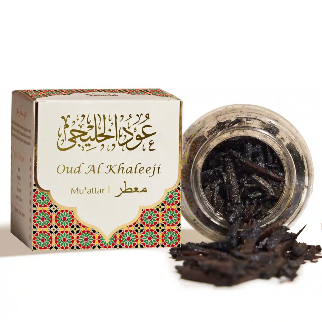 Oud Al Khaleeji incense packaging with a jar of incense sticks on a white background