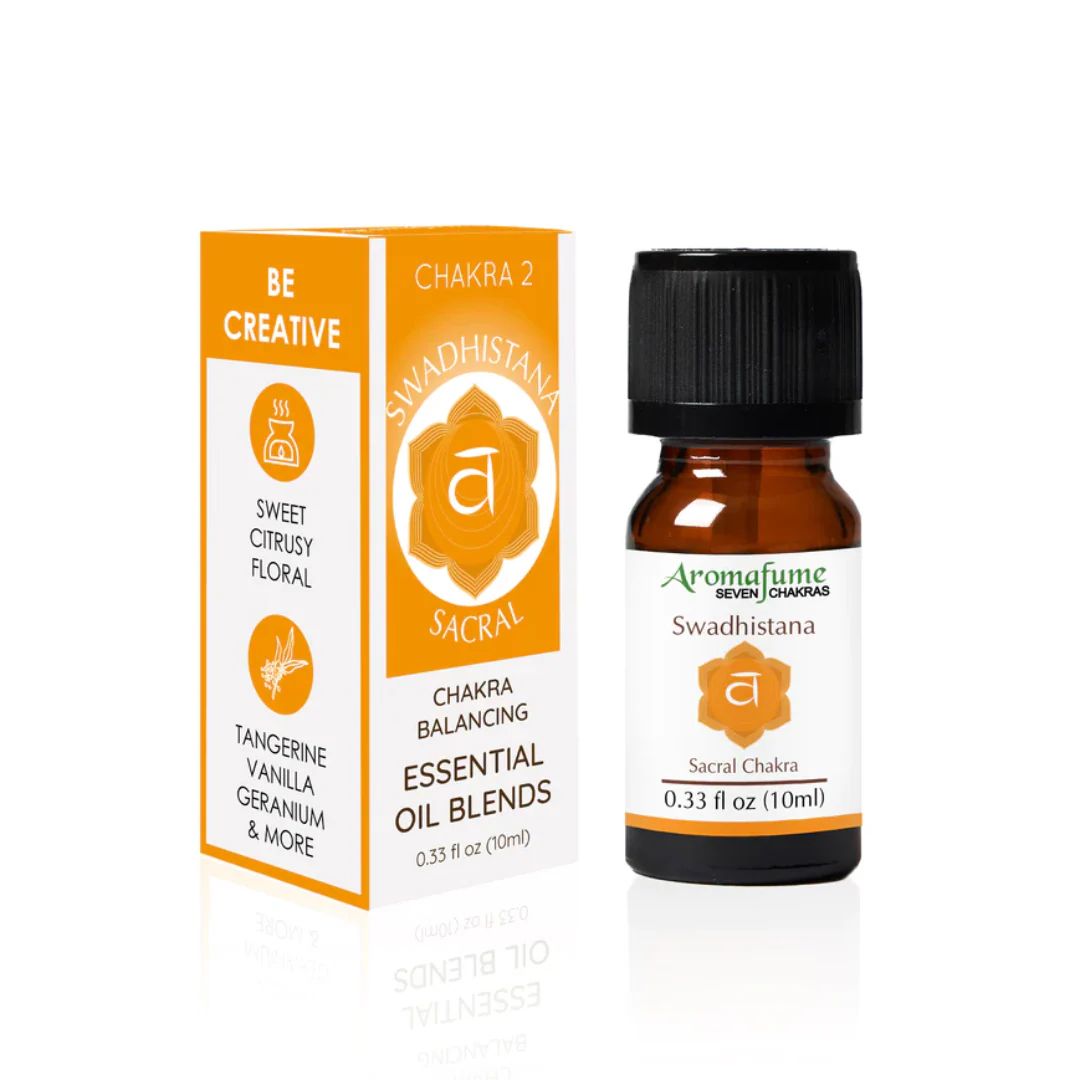 Amber bottle of Aromafume Sacral Chakra essential oil blend