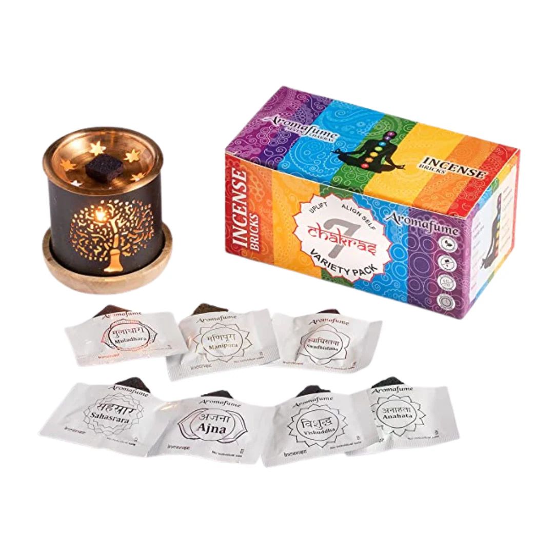 Aromafume 7 Chakra incense set with a candle and packaging on a white background