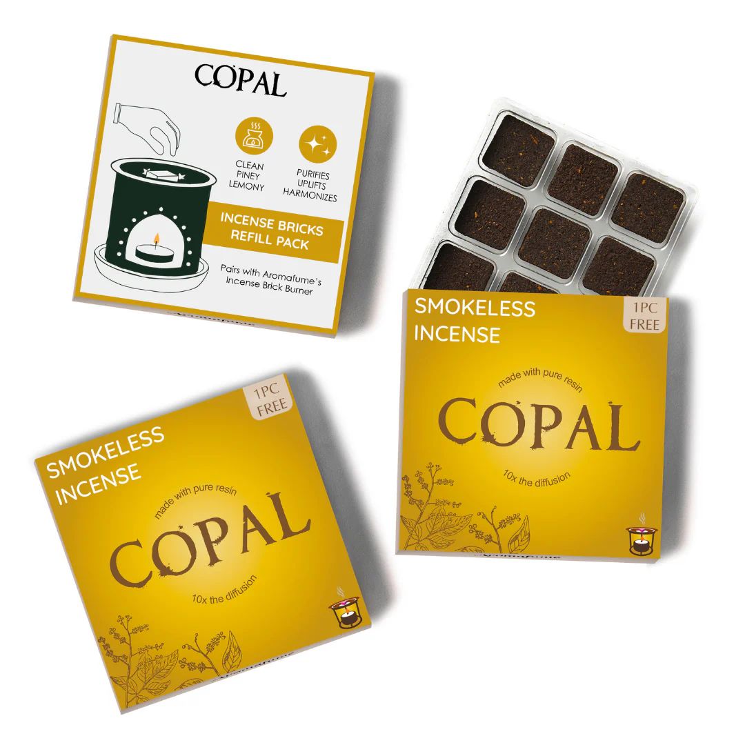 Copal smokeless incense packaging and incense bricks on a white background