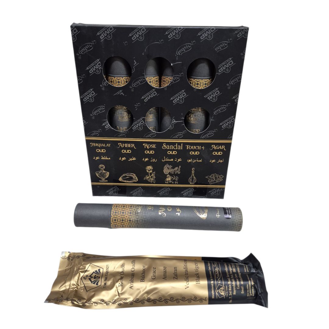 Misbah Amber Oudh incense canisters arranged together