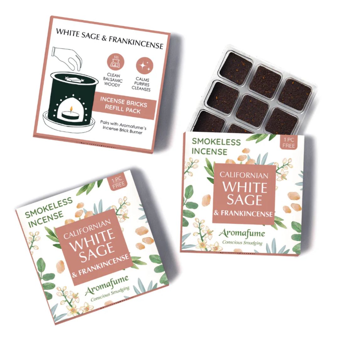 Aromafume Californian White Sage & Frankincense incense packaging and refills on a white background