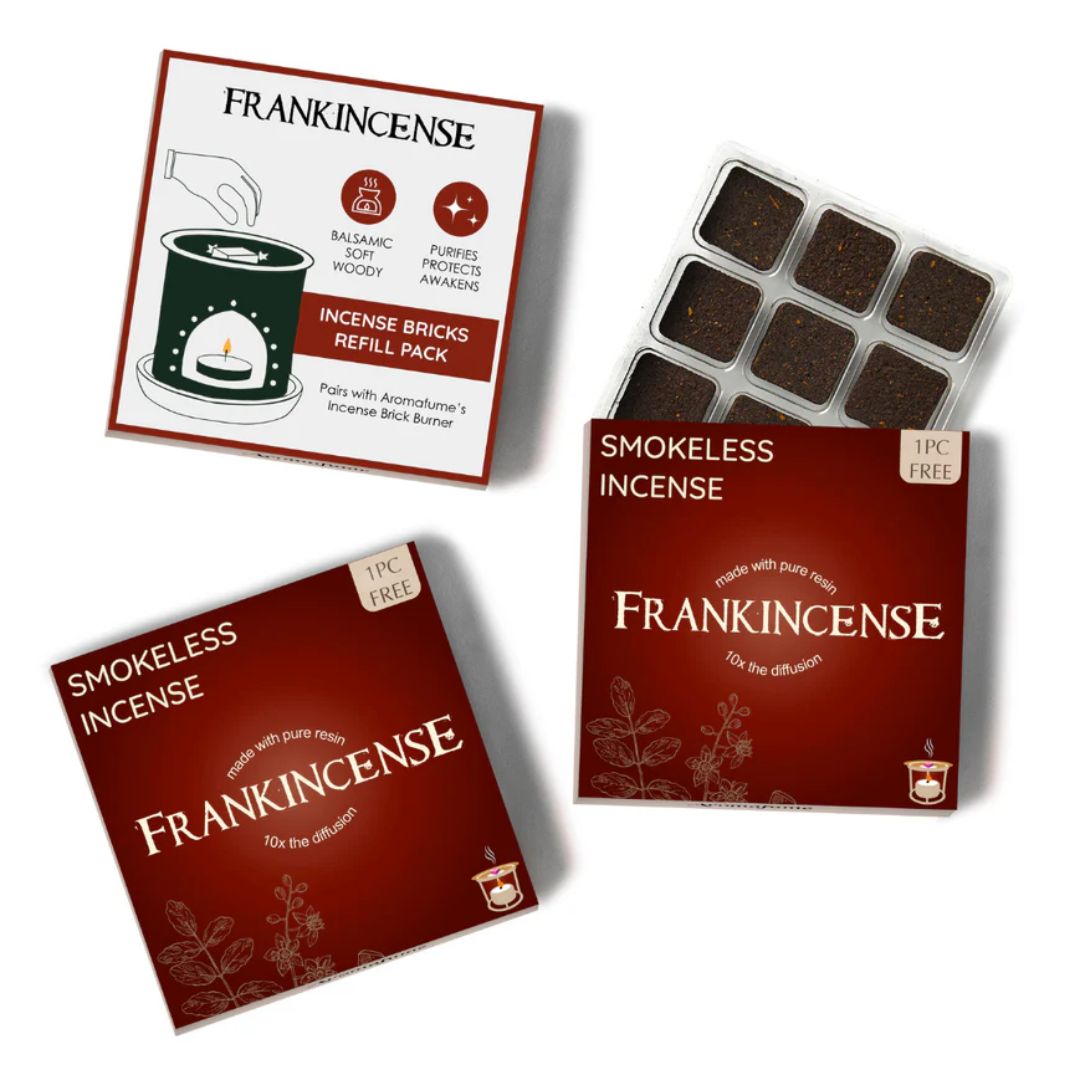 Frankincense incense packaging and bricks on a white background